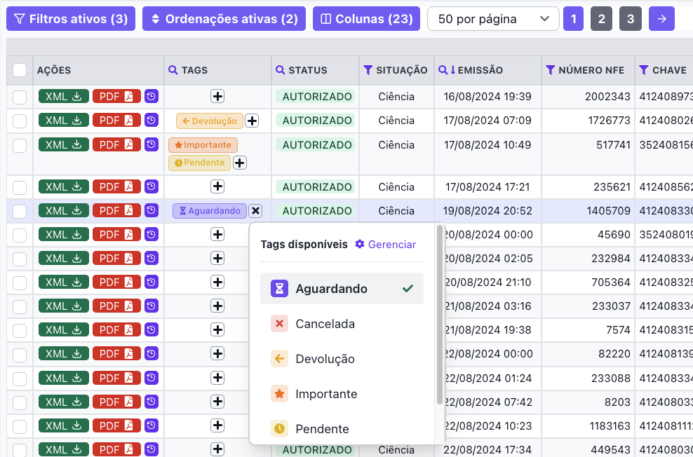 Tags Personalizadas no Monitor DFe - Sistema de organização de documentos fiscais com tags coloridas, ícones customizáveis e filtros inteligentes para NFe e CTe